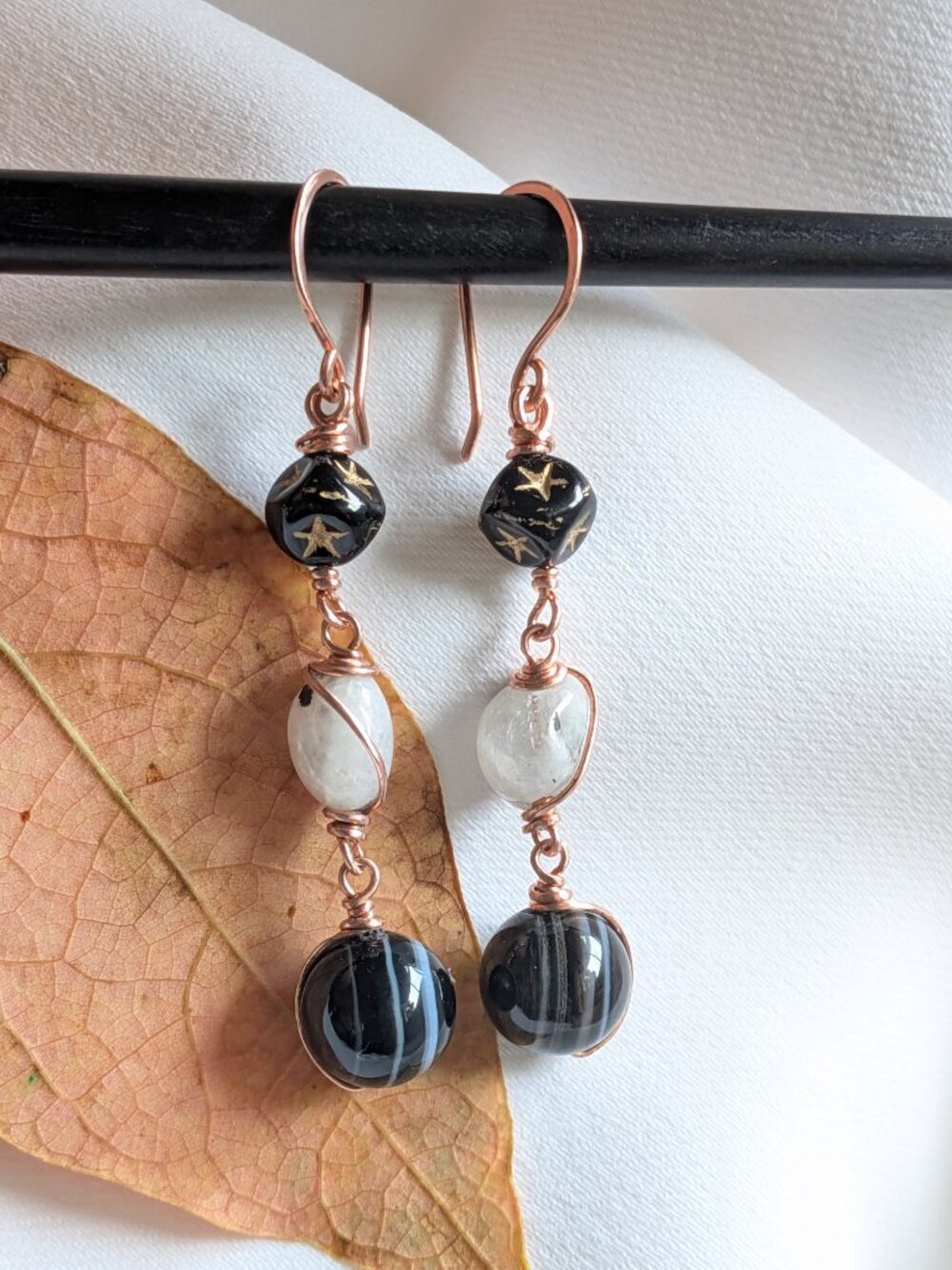 Copper Earrings with Banded Agates, Czech Glass Star Cubes and Moonstones - Picture 5 of 10